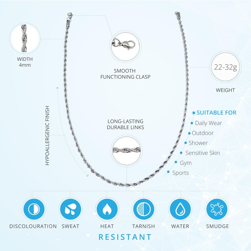 Silvadore 4mm ROPE Silver Chain for Men Women Necklace -