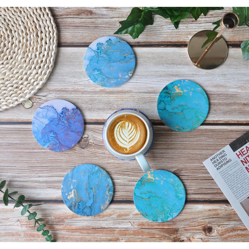 Absorbent Drink Coasters Set of 6, Blue Ceramic Coasters Cork