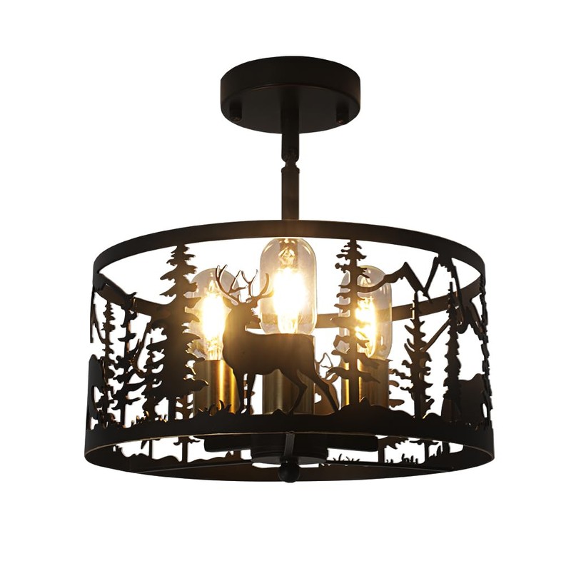 Sloped Rustic Semi Flush Mount Ceiling Light Fixture,3-Light Round E26