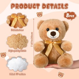 HyDren 8 Pieces 8 Inch Bear Stuffed Animals Bulk Soft Plush Bears Doll Small Bears with Bow Tie Bear Toys for Boy Girl Baby Shower Christmas Birthday Graduation Valentine's Day Decoration Party Gift