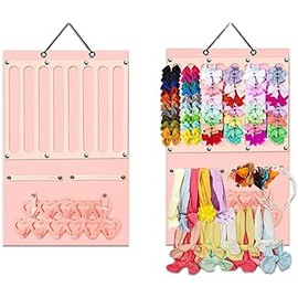 Organizador de lazo para el pelo para niñas，caja de almacenamiento colgante，organizador para lazos y diademas，con gancho de corazón de melocotón，accesorios para recamara (Rosa-corazón)