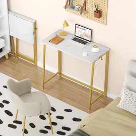 WOHOMO White Faux Marble Folding Desk, 31.5" Small Desk for Small Spaces with Gold Legs, Easy Assemble Foldable Computer Desk, Mini Portable Working Table for Home Office, White and Gold
