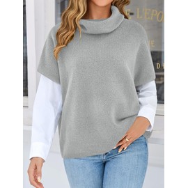 Cicy Bell Womens Oversized Turtleneck Poncho Sweaters Short Batwing Sleeve Casual Slouchy Loose Fit Chunky Knit Pullover Tops Grey
