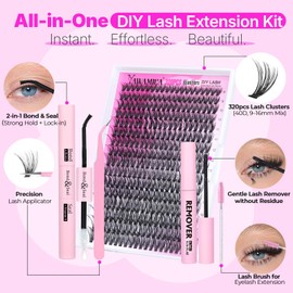 Yawamica Lash Clusters Kit 320pcs Eyelash Clusters D Curly 9-16mm 40D Individual Lashes Wispy Lash Extension Kit with Bond and Seal and Lash Remover and Lash Applicator for Eyelash Extension Beginners