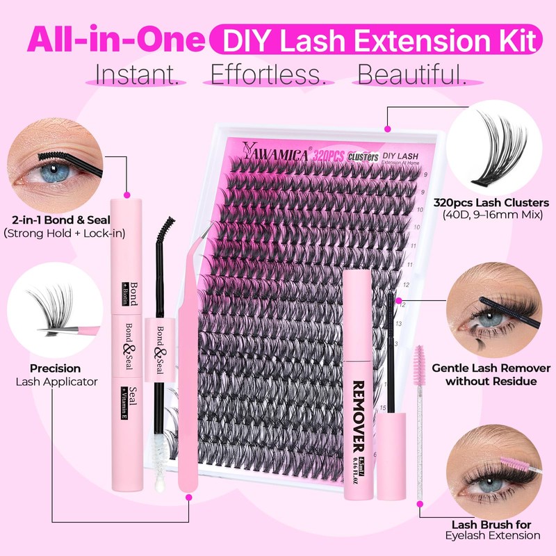Yawamica Lash Clusters Kit 320pcs Eyelash Clusters D Curly 9-16mm