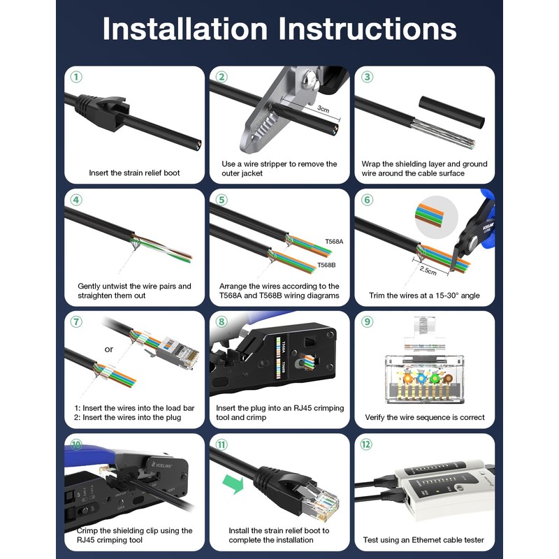 VCELINK CAT6A Connector, RJ45 Connectors Pass Through CAT6A CAT7 Shielded,