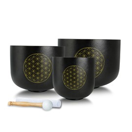 Siceeoly Set of 3 Singing Bowls Flower of Life Black 6-10 inch 6"A 8"F 10"C Frosted Chakra Quartz Crystal Sound Healing Crystal with 1 Mallet Suede 1 Striker 3 O-rings