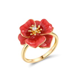 Santuzza Peony Ring 925 Sterling Silver White Cubic Zirconia Enamel Red Flower Statement Ring for Women (8)