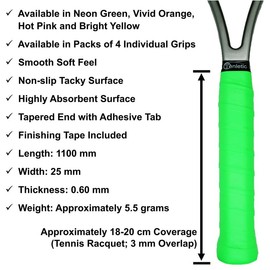 Tenletic GlowTack Racket Overgrip Tape – Neon Green – 4-Pack – 0.60 mm Thickness – for Tennis, Squash, Badminton, Padel and Other Racquet Sports