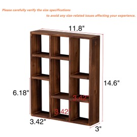 SOFE Small Brown Wood Shadow Box with Shelves, 3 Tier Wall Shelving Unit, 9-Compartment Wall Mounted Curio Cabinet, Knick Knack Display Shelf, Floating Cube Shelves for Walls, Shot Glass Display Case