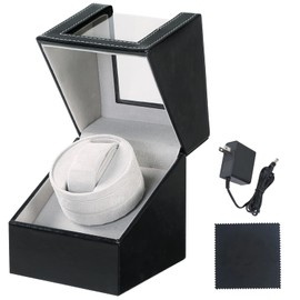 MYFULLY Automatic Single Watch Winder in Black Leather with Quiet Motor Watch Display Case Storage Box Fits Lady and Man Automatic Watch, AC Adapter or Battery Powered