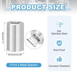 PATIKIL 6 Pcs Stainless Steel Spacers, 5mm ID x 10mm OD x 18mm Height 304 Stainless Steel Bushing Screw Standoff Unthreaded Round Spacer for 3/16" M5 Screws Bolts Nuts
