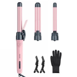 Rotating Curling Iron Set, ABNER Automatic Hair Curler with 3 Sizes Ceramic Barrel, 3/4, 1 1/4, 1 Inch Curling Iron for Tight & Spiral Curls, Lasting Beach Waves, Pink
