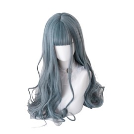Akixen Women's Wig, Lolita, Long, Curl, Blue Wig, Ash Blue, Harajuku Style, Small Face, Heat Resistant, Cosplay, Hair Net, Fashion, Events, Halloween, Disguise, Festival