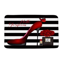 VPUPCN High Heels Bath Mat Gorgeous Fashion Girls Lipstick Perfume Flower Modern Woman Romantic Black White Stripes Microfiber Memory Foam Bathroom Rug Doormat Kitchen Toilet Floor Rug