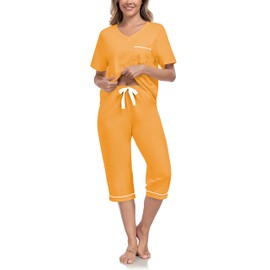 COLORFULLEAF Womens Pajama Sets 100% Cotton Summer Pj Set Capri Pants Sleepwear 2 Piece Lounge Set with Pockets(Marigold, Medium)