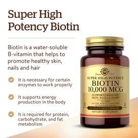SOLGAR Solgar Biotin 10,000 mcg, 60 Vegetable Capsules - Energy, Metabolism, Promotes Healthy Skin, Nails & Hair - Super High Potency - Non-GMO, Vegan, Gluten Free, Dairy Free, Kosher - 60 Servings