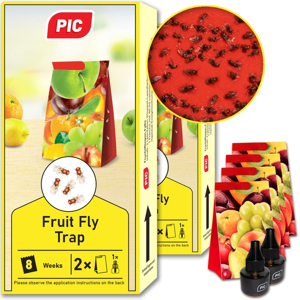 PIC - Fruit fly trap and vinegar fly trap - 4 glue traps with 2 attractant containers - Means to fight fruit flies - Suitable for the kitchen