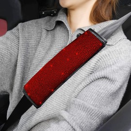 Diamond car seat belt shoulder protector with full diamond car use hot stamping diamond inlaid seat belt protective cover (Red, One size)