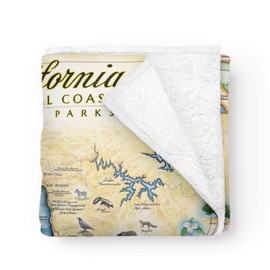 Central California Coast State Map Fleece Blanket - Hand-Drawn Original Art - Soft, Cozy, and Warm Throw Blanket for Couch - Unique Gift - 58"x 50"
