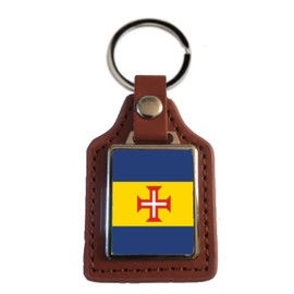 Madeira Portugal Brown Leather Square Key Fob And Gift Bag