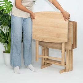 PJ Wood 5 Pack XL Oversize Tray Table for Living Room or Kitchen, Indoor TV Tray for Small Spaces and Family Gatherings, Natural Wood