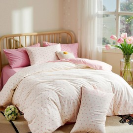 Tospass Cotton Bed Linen 200 x 200 cm Beige Pink Bow Girls Bed Linen Set Bow Tie Teen Children's Bed Linen Bow Pattern Duvet Cover with Zip and 2 Pillowcases 80 x 80 cm