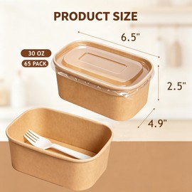 65 Pack 30 OZ Disposable Kraft Paper Bowls with Forks, Meal Prep Soup Serving Bowl with Lid, Takeout Snack Containers with Spoon To Go Bowls for Lunch, Party, Camping, Microwave Freezer Safe
