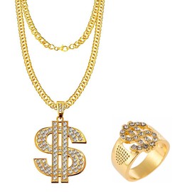 YATEICBC - 2 pieces gold dollar sign necklace, hip hop rapper accessory ring, vintage 70's, 80's, 90's carnival accessory theme party