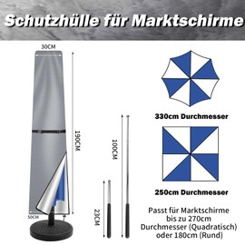NAKIHOUSE Parasol Cover, Protective Cover, Waterproof, Weatherproof, UV-Anti, Windproof Umbrella Cover for Outdoor Umbrellas and Market Umbrellas, (190 x 30/50 cm, Silver Grey)