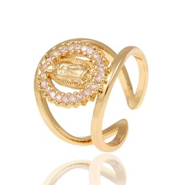 Kumshunie Cubic Zirconia Virgin Mary Statement Ring for Women 18K Gold Plated Open Band Jewelry Lucky Religious Baptism Gifts