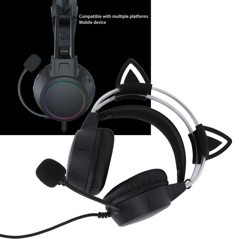 Lightweight Gaming Headset with Detachable Cat Ears, Noise Concealing RGB