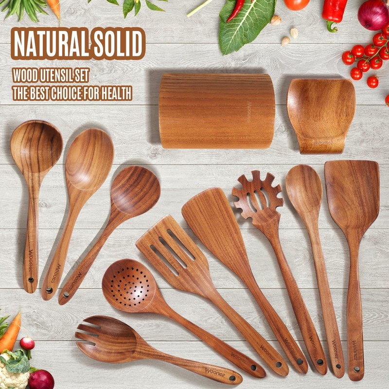 Wooden Spoons for Cooking, 12PCS Teak Wooden Kitchen Utensil Set