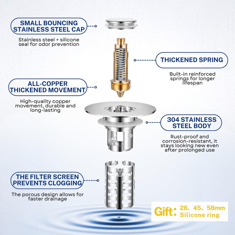 RegBogen Pop Up Bathroom Sink Stopper, Stainless Steel Sink Drain