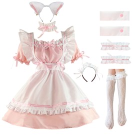 LISANEK Maid Outfit Anime Cosplay Lolita Dress French Maid Costume Plush cat ear Socks set (L, Pink)