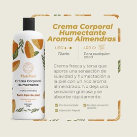 Crema Corporal Humectante Aroma Almendras MatiMati Para manos, Suavidad, Ligera, Fresca 400 g