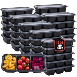 WDF 50 Pack Small Meal Prep Containers 3 Compartments with Lids - Disposable Snack Box Container - Disposable Bento Boxes - Reusable Travel Lunch Boxes for Office/Picnic/Microwave Safe
