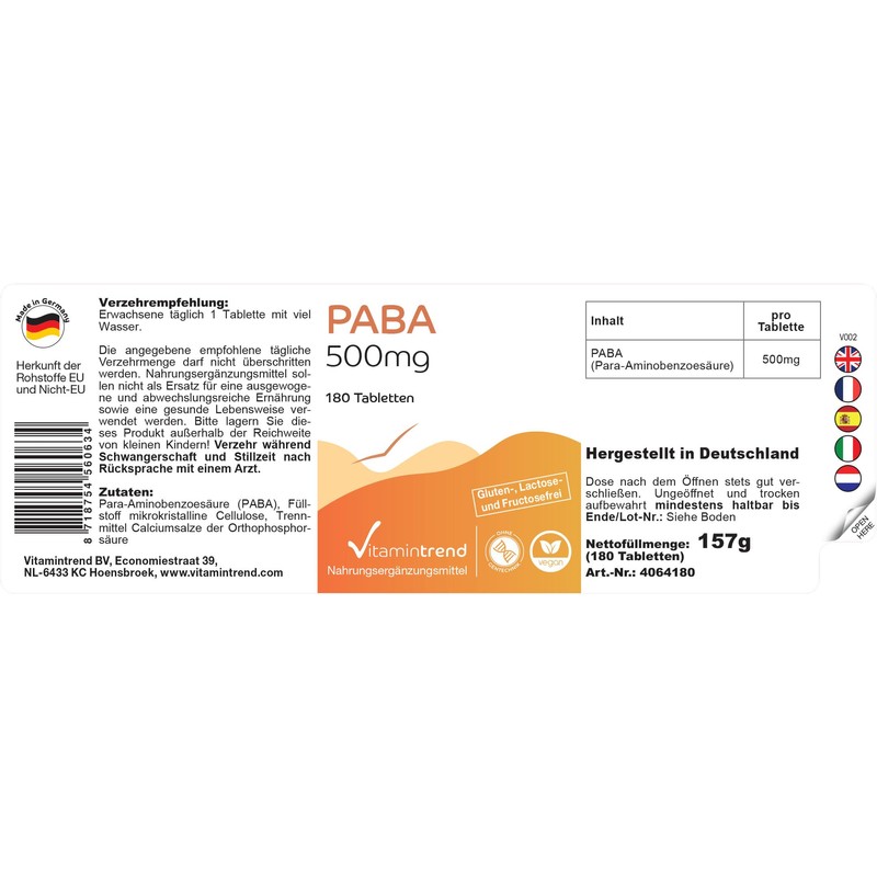 PABA 500 mg - 180 Tablets - For 6 Months