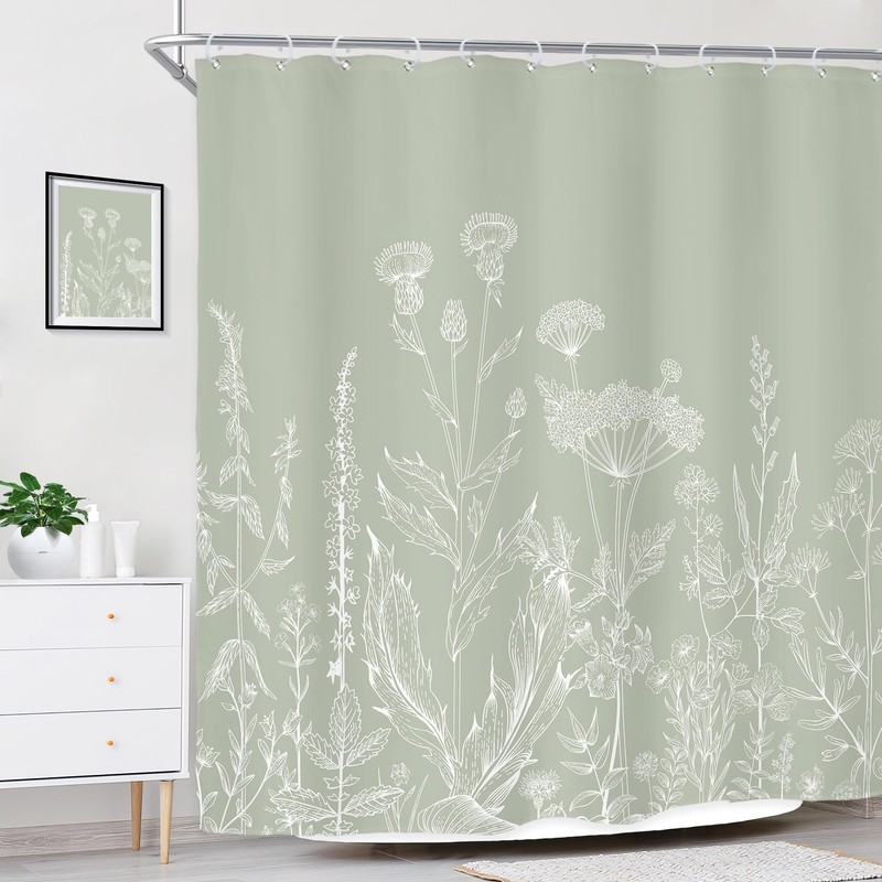 Riyidecor Sage Green Floral Wildflower Shower Curtain for Bathroom Decor