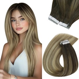 Sunny Hair Ombre Tape in Extensions Blonde 20inch Human Hair Tape in Extensions Dark Brown Balayage Golden Blonde Mix Platinum Blonde Ombre Tape in Hair Extensions Ombre Tape ins for Wedding 50g 20pcs