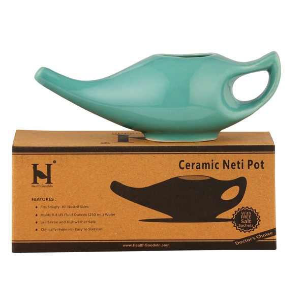 HealthGoodsIn Ceramic Neti Pot for Sinus, Premium Grade, Dishwasher Safe, Holds 225 Ml. Water - Turquoise Color