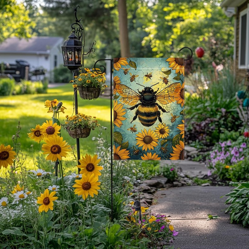 Spring Summer Bee Sunflower Floral Garden Flag 12x18 Inch Double