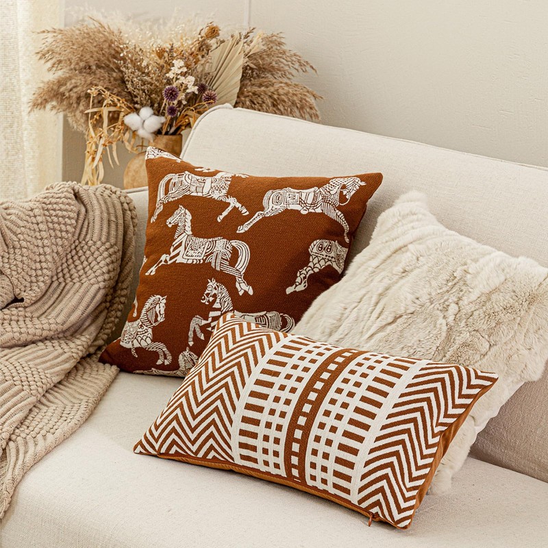 Brown Geometric Pattern Pillow Cover Chenille Striped Cushion Cover Decorative