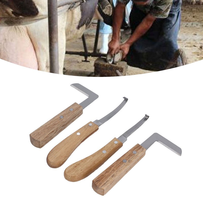 4pcs Hoof Knife Carbon Steel Wooden Handle Left and Right