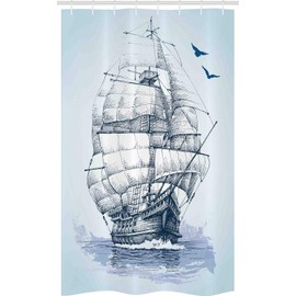 ABAKUHAUS Vintage Boat Stall Shower Curtain, Old Ship at Sea, Fabric Bathroom Decor Set with Hooks, 47" x 70", Baby Blue and Dark Blue