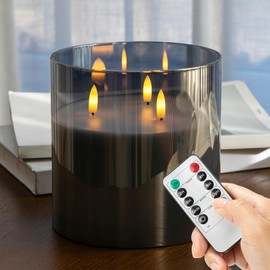 AFINETH Extra Large Flameless Candles with 3 Wicks, 6"x6" Glass Battery Operated Candles with Remote, Real Wax Flickering LED Candles Fake Candle for Home, Wedding, Party, Gray