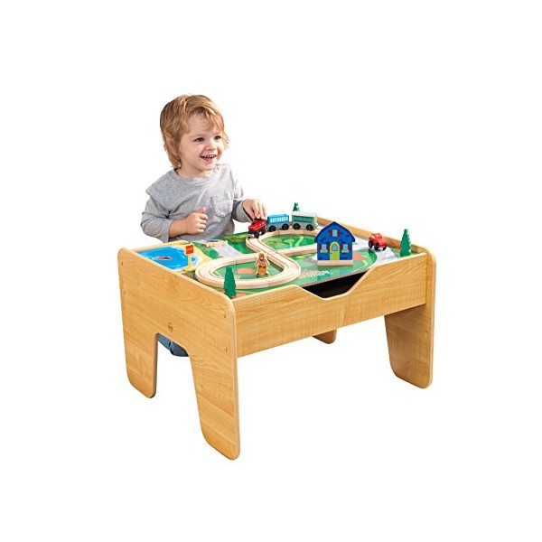 KidKraft 2-in-1 Reversible Top Activity Table with 200 Building Bricks and 30-Piece Wooden Train Set, Natural, Gift for Ages 3+
