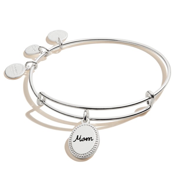 Alex and Ani Because I Love You Mom Expandable Wire Bangle Bracelet for Women, Bonded by Love Charm, Shiny Antique Silver Finish, 2 to 3.5 in
