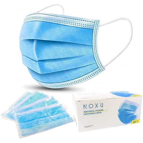 NOXU 3 Layer Individually Wrapped Face Mask, Pack of 50 Disposable Facial Cover with Flexible Earloops, Metal Nose Strip, and Breathable Comfort Fit