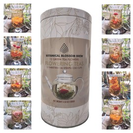 Botanical Flowering Gourmet Tea - 12 Unique Varieties of Fresh Blooming Tea Flowers - Hand-Tied Natural Herbal Tea Leaves & Edible Flowers - 12-Pack Gift Canister - 36 Steeps, Makes 250 Cups